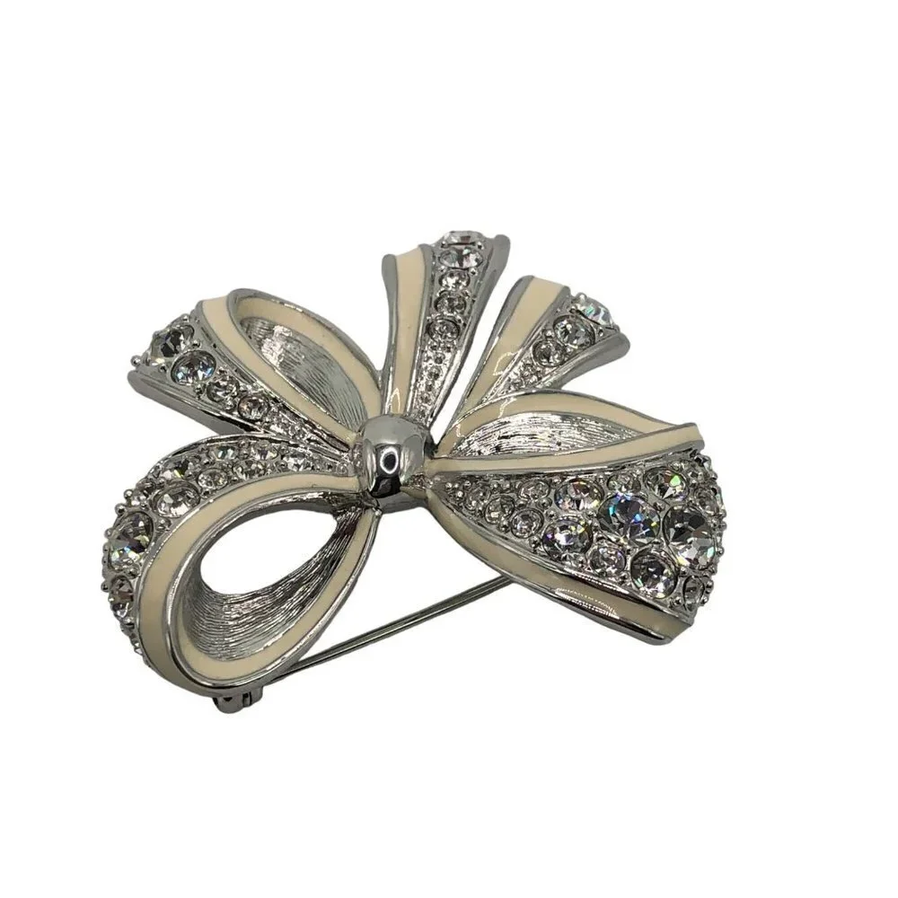 Nolan‎ Miller Bow Pin Brooch Rhinestone Enamel Silver Tone